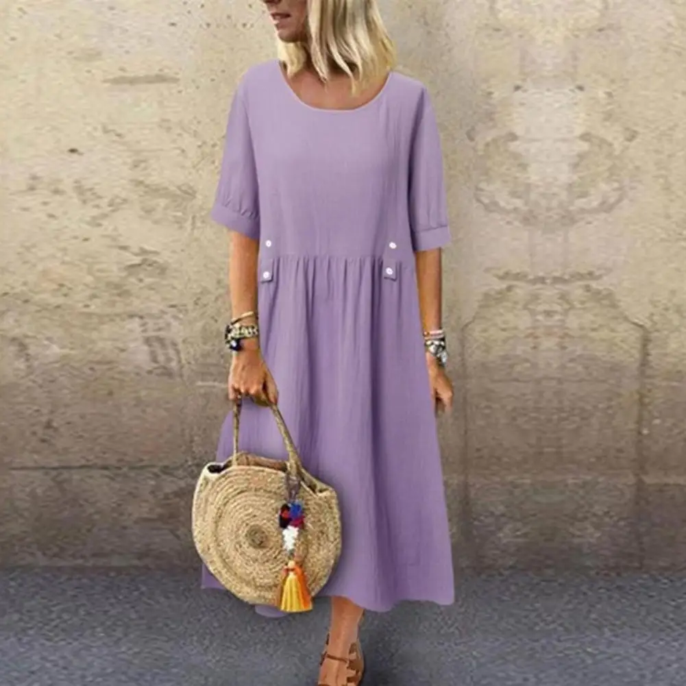 

Loose Fit Dress Elegant A-line Midi Dress With Pockets Button Detailing For Women Summer Pleated Solid Color Dress With Short