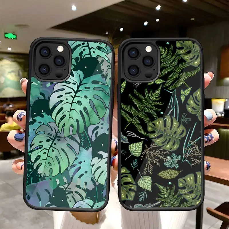 Leaves Monstera Green Phone Case Pc + Tpu Per Iphone 12 Pro Max 14 11 13 Mini 6S 7 8 Plus X Xs Xr Cover Posteriore Antiurto