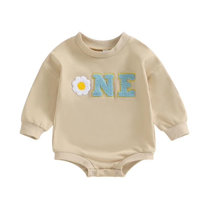 

Baby Boy Girl One Year Old Birthday Outfit Sweatshirt Bubble Romper Letter Embroidery Long Sleeve Jumpsuit Fall