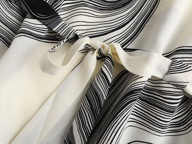 Schwarzer Wirbel gestreifter Druck Vintage Chiffon O-Ausschnitt Kurzarm Schnürung Frauen Bluse Hemd weibliche Tops Frau Kleidung Mode – Detail 10