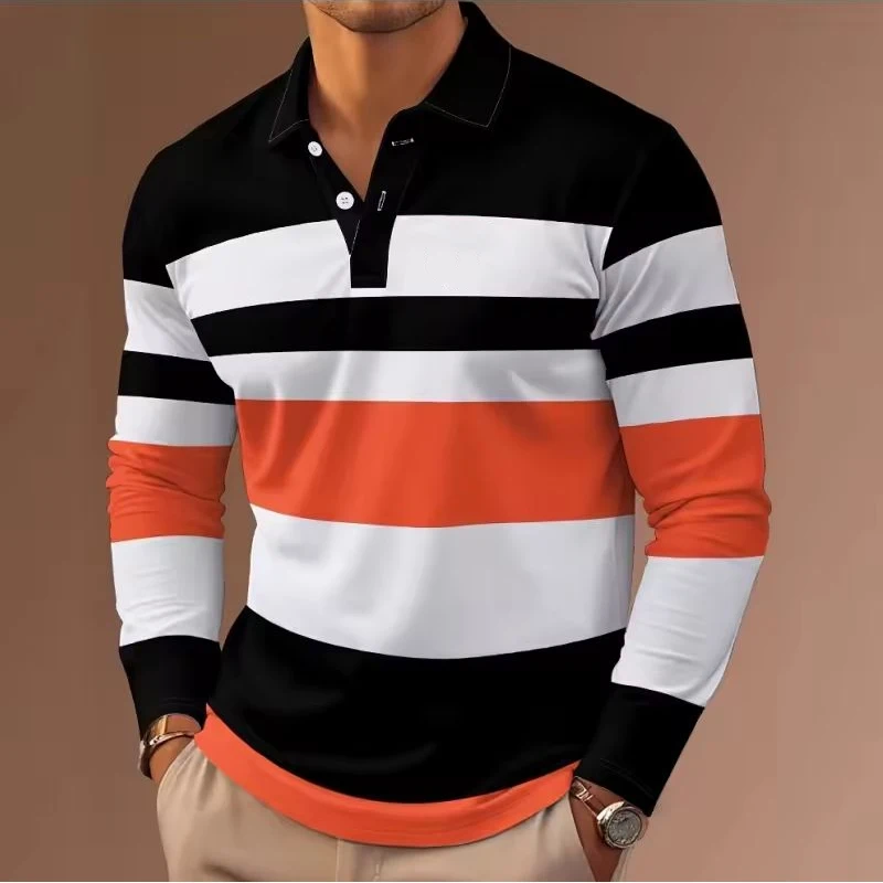 Polo a maniche lunghe a righe multicolori alla moda per uomo, camicia casual elegante con colletto slim fit per tutti i giorni - immagine 3
