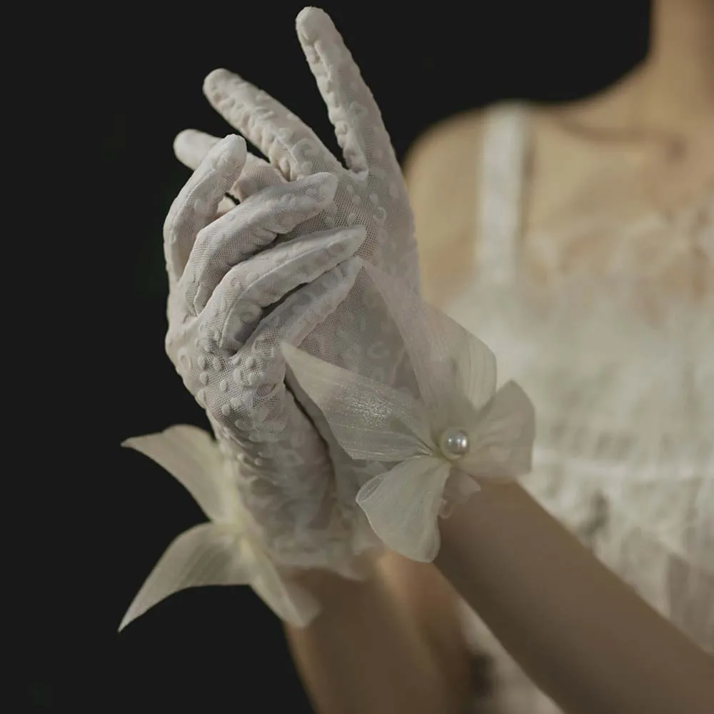 

Sunscreen Fashion Flexible Accessories Pearls Women Wedding Lace Bow Gloves White Gloves Bridal Mittens Ruffle