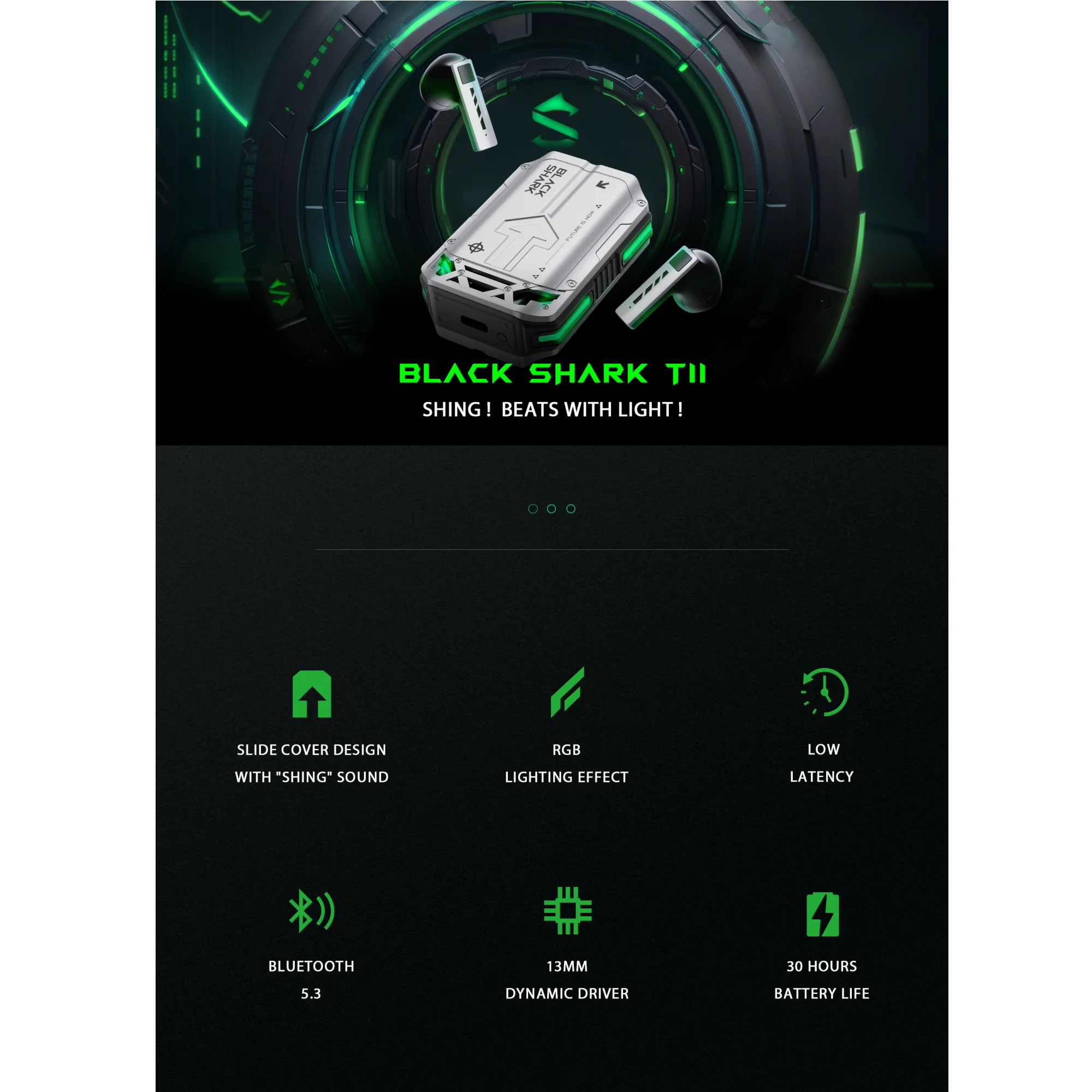 Wireless Earbuds Black Shark T11 TWS Wireless Earbuds with Active Noise Cancellation Bluetooth 5.3 30 Hour Battery Life RGB Light Low Latency
