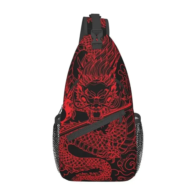 

Red Chinese Dragon With Black Background Crossbody Sling Backpack Men Custom Shoulder Chest Bag for Traveling Daypack
