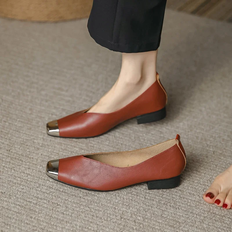 Flat Shoes Fashionable Genuine Leather Mother's Shoes New Casual Shoes Shallow Cut Low Heels Women  Comfortable High Heels