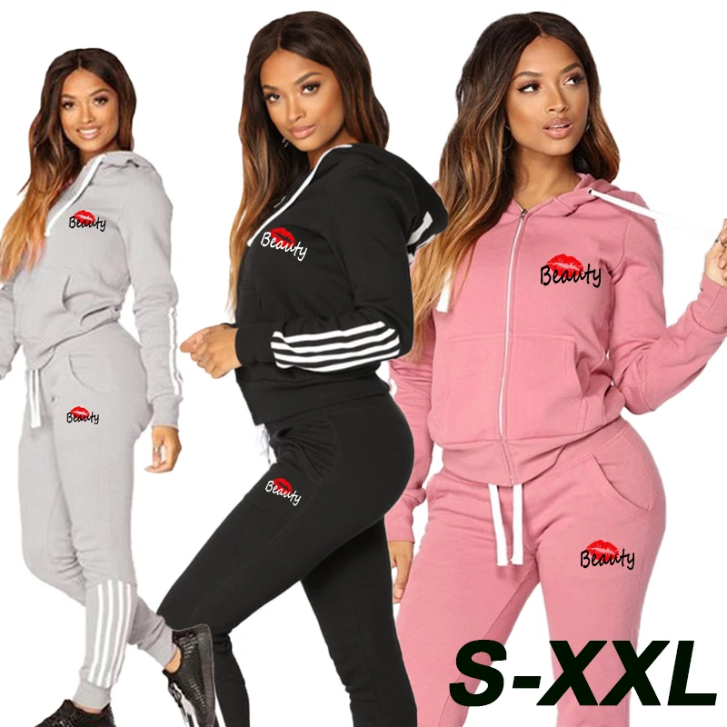 New women's striped sportswear set autumn and winter casual long sleeved full zippered hoodie and pants sportswear set