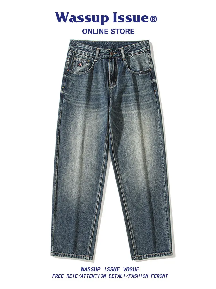 

WASSUP ISSUE High Street Jeans Autumn American DistresseD And Handsome Loose Straight Leg Pants Men's