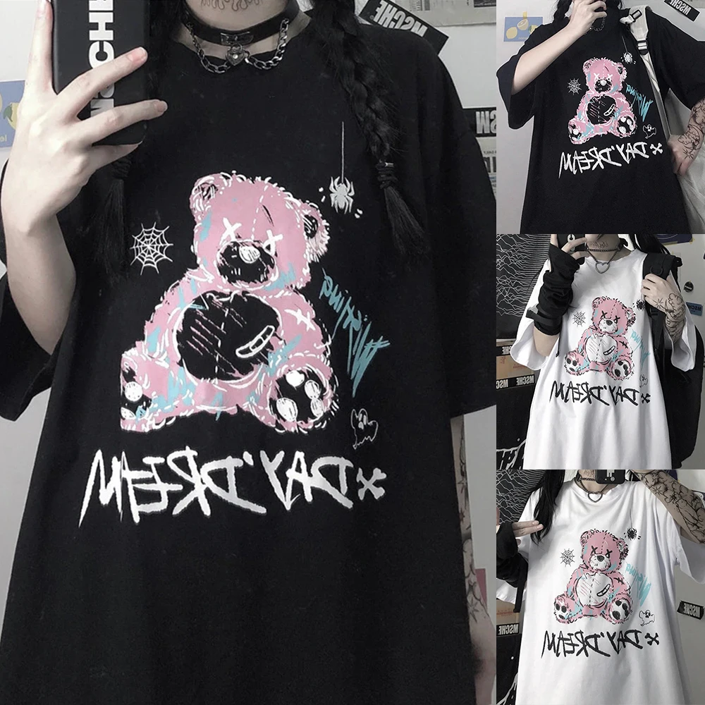 Women T-shirt y2k Streetwear Tops Little bear Printing goth Female Kawaii Unisex Short Sleeve Anime Oversized t-shirt | Женская одежда
