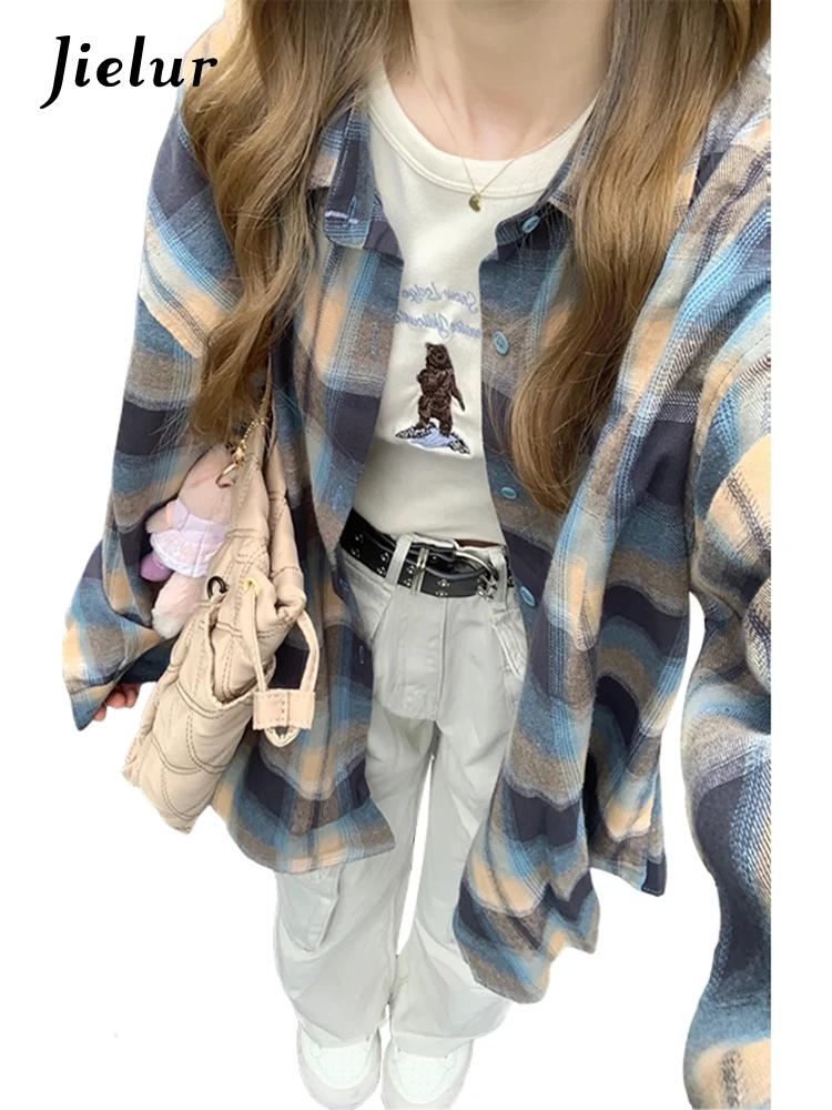 Jielur American Retro Spring New Women Shirt Casual Loose Fashion Street Woman Shirt Simple Basic O-neck Long-sleeved Top Female