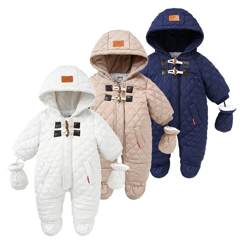 Winter Kids Overalls Velvet Newborn Baby Boys Thick Cotton Jumpsuit For Baby Girl Hooded Down Jacket Outdoor Snowsuit