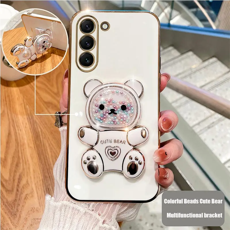 Coque de téléphone plaquée avec support d'ours mouvant, étui mignon pour Samsung Galaxy S23 S21 S20 S22 S10 Note 10 20 23 Plus Ultra S21Fe_voghion.com