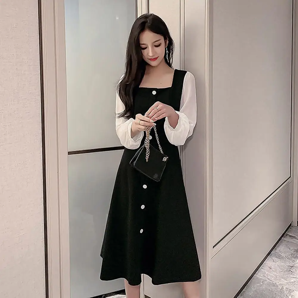 

Women Long-sleeve Midi Dress Elegant Square Neck Midi Dress with Button Detail Mesh Patchwork Women's A-line Fall Dress for A