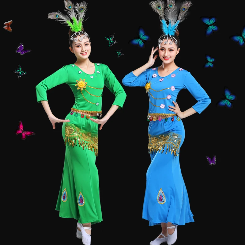 

Long Sleeve Traditional Dai Dance Costume Minority Peacock Dance Fishtail Wrap Hip Female Minority Dance Dress National Costumes