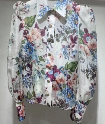 

2024 New High Quality White Multi-color Floral Printing Long Sleeve Vintage Women Blouse Fashion Casual Clothing