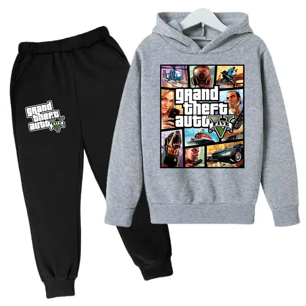 thumbnail image 1 of Sudadera con capucha y pantalones para niños de Grand Theft Auto V GTA 5, conjunto de 2 piezas, ropa de dibujos animados para niños pequeños, trajes para niños y niñas, 1 of 4