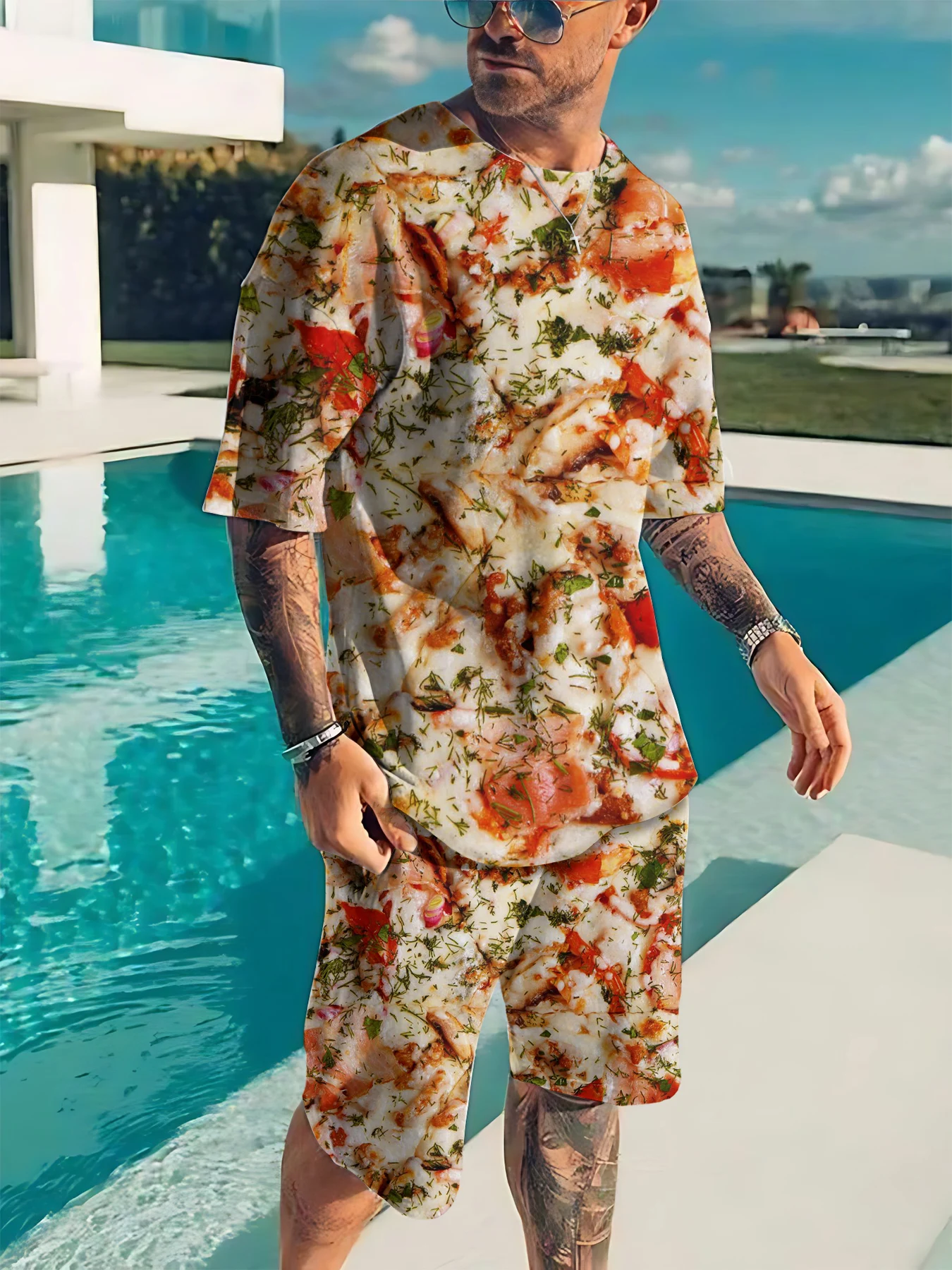Men Set 2 Piece Summer T Shirt Shorts Suit Lnstant Noodles Pattern Print Short Sleeve Male Tees Streetwear Casual Track Suits