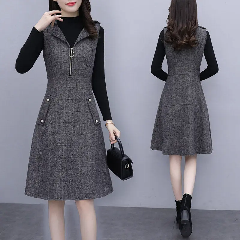 Casual Woolen Dress Two Peice Suit Women Gray Turn Down Collar Sleeveless Dress And Pullover Sweater Outfits Oversized Plaid Set