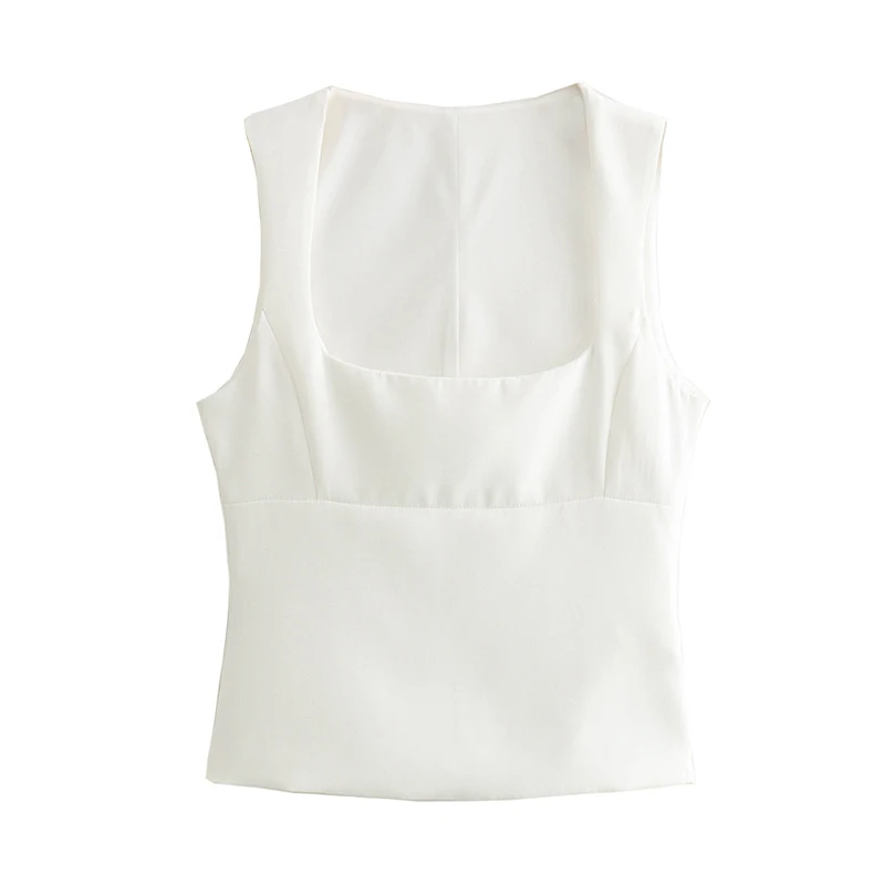 

YENKYE Summer 2024 Women Sleeveless Square Neck Fitted Crop Top Side Zipper Female White Slim Tank Tops