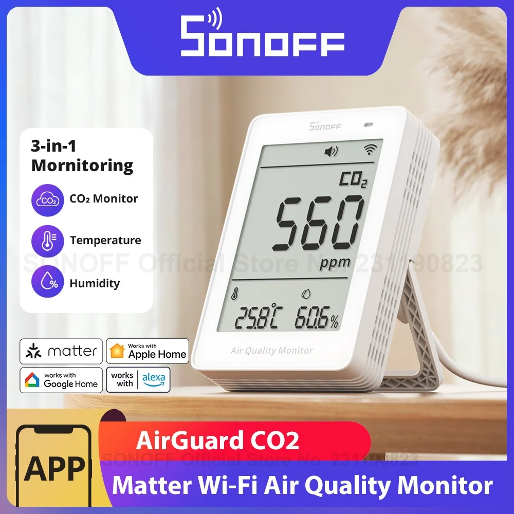 SONOFF AirGuard CO2 المادة عبر WiFi مراقبة جودة الهواء SAWF-08P مقياس درجة الحرارة والرطوبة الصوت والضوء إنذار البيانات التاريخية