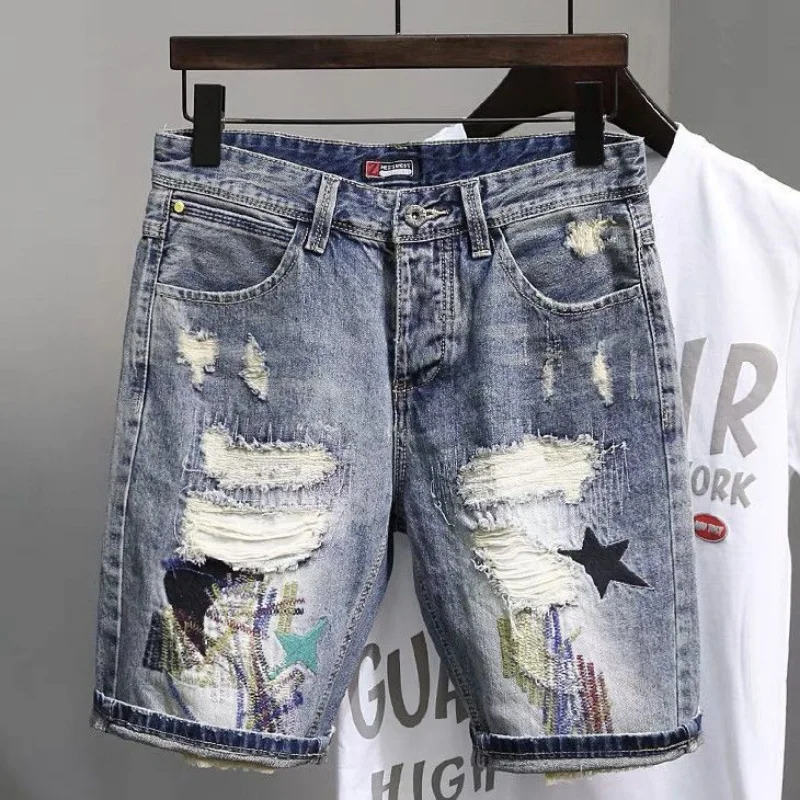 Straight Graphic Man Denim Shorts Knee Length Multi Color Long Half Short Jeans Pants for Men Ripped Harajuku Blue Y2k Hip Hop
