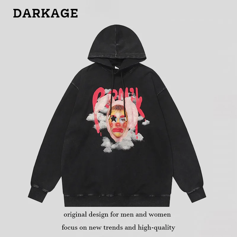American Retro Clown Washed Old Hooded Sweatshirt Men's Autumn Street Hip-Hop Loose Couple Long-Sleeved Top Tide Clothing