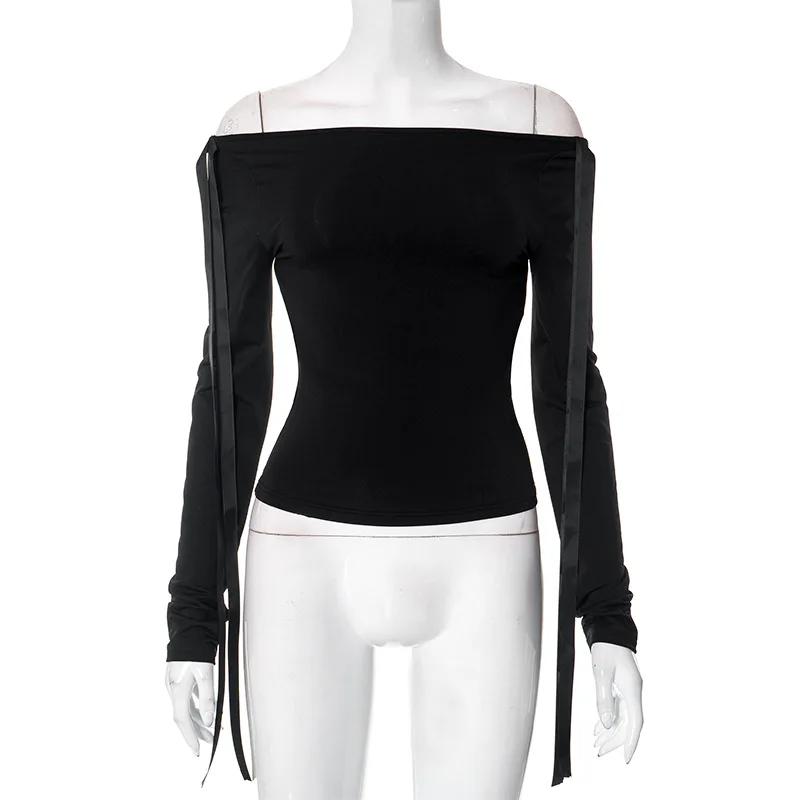 Top sexy de color liso con un solo hombro Y2k, manga larga, lazo con cordones, ropa de mujer, moda informal, ropa de calle, camisas para mujer