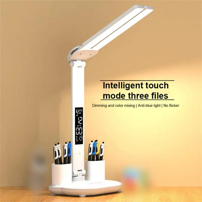 

LED Clock Table Lamp USB Chargeable Dimmable Desk Lamps 2 Heads 180 Rotate Foldable Eye Protection Desktop Reading Night Lights