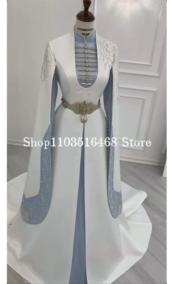 

Muslim Women's Wedding Dresses Caftan Beaded Applique Prom Dresses Blue White Bridal Gowns Cape Long Sleeve Vestidos De Novia