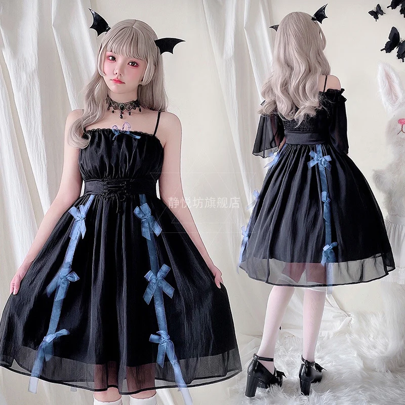 

Lolita Gothic Princess Cosplay Suspended Dress Soft Girl Black Chiffon Bowknot Little Gift Dress Beach Holiday Vestidos Y2k