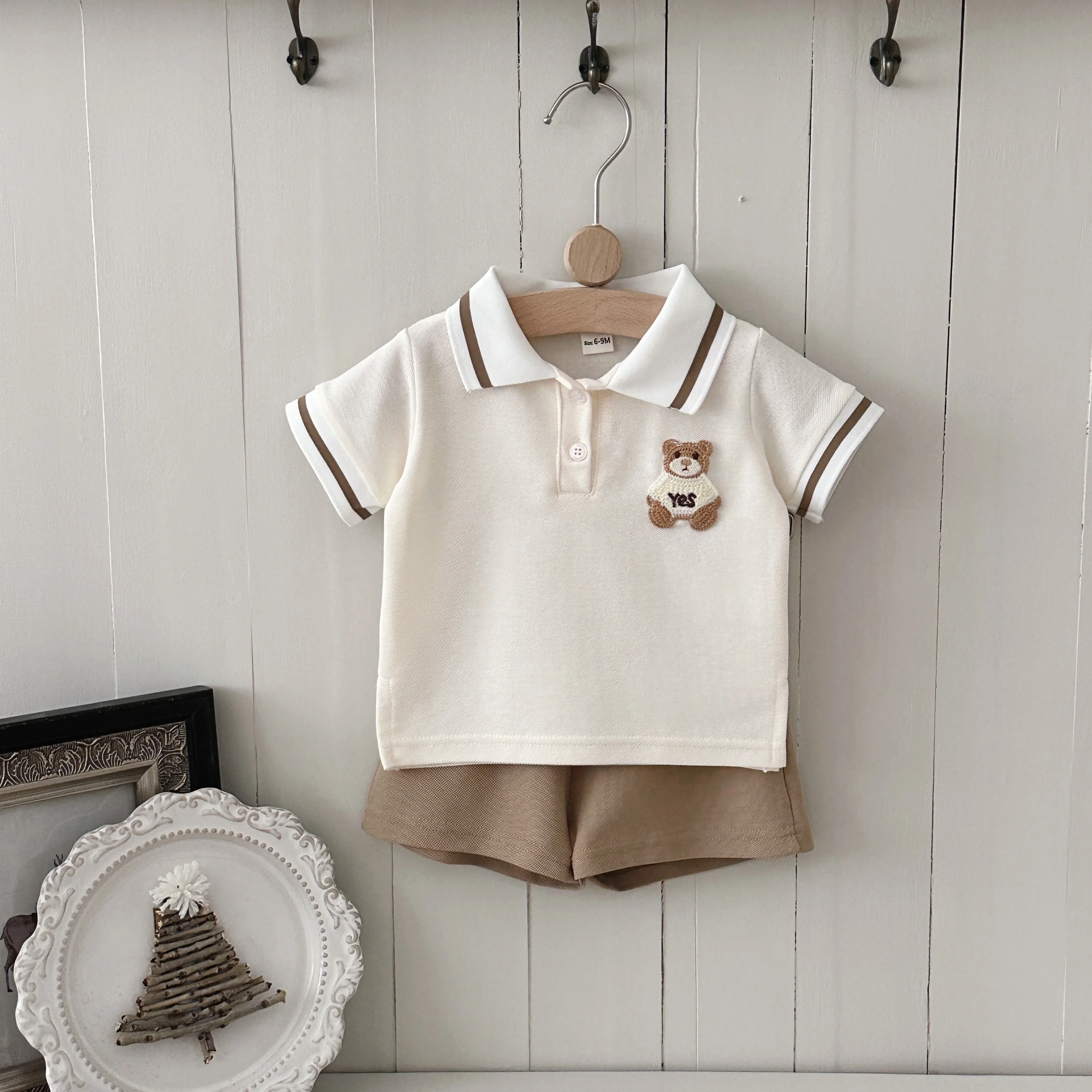 0-3Y Summer Baby Boy Girl 2PCS Bear Decoration Casual Set Lapel Striped Short Sleeve Top+shorts Cotton Children's Clothing 5