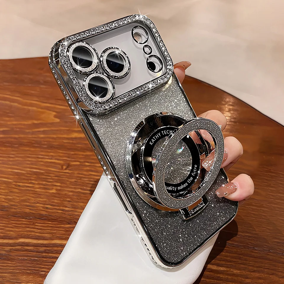 Luxury Plating Diamond Glitter Holder Stand Phone Case For iPhone17 16 15 14 13 12 Pro Max For Magsafe Lens Protector Back Cover S0a4e5743654345d08f2a3d65e6265de6F