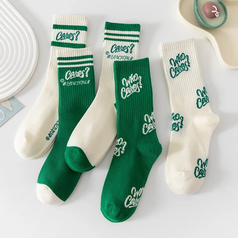 

Cotton Green Socks Japanese Mid-Tube Socks for Women Men Ins Trendy Autumn Winter Sports Socks Letter Striped Harajuku Socks