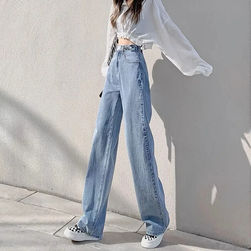 

Pantalones De Mujer High-Waisted Wide-Leg Pants Jeans Women Light Blue Spring New Small Straight Leg Slim Mopping Pants джинсы