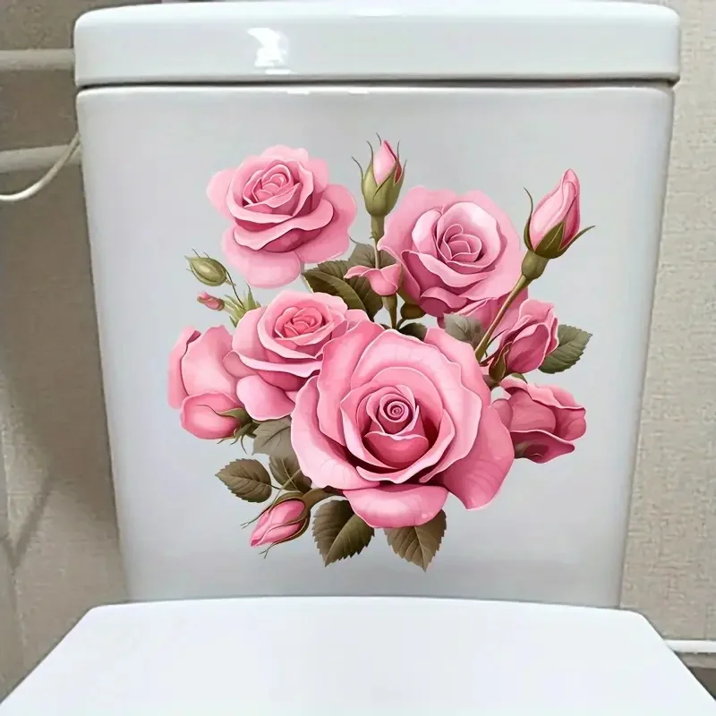 Waterproof Pink Roses Bouquet Creative Decal Reusable PVC Sticker for Toilet Lid Bathroom Decor toilet stickers toilet wall stickers toilet seat stickers