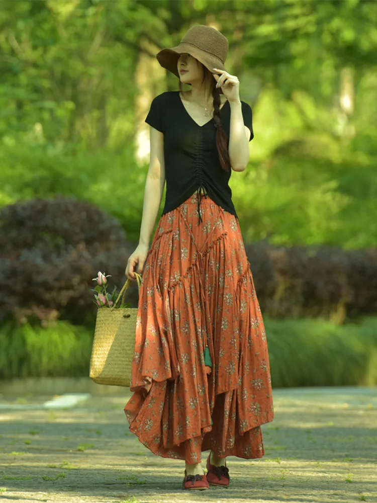 Free Shipping 2022 New Fashion Long Maxi A-line Elastic Waist Women Summer Spring S-2XL Cotton Print Big Hem Skirts Orange