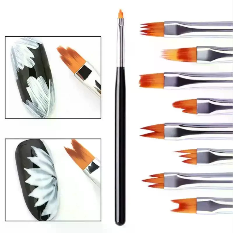 8Pcs Multifunctional Nail Art Brush Set - Oblique Gradient Smudge Sawtooth Pen Flower Petal Drawing Gel Nail Painting Tools