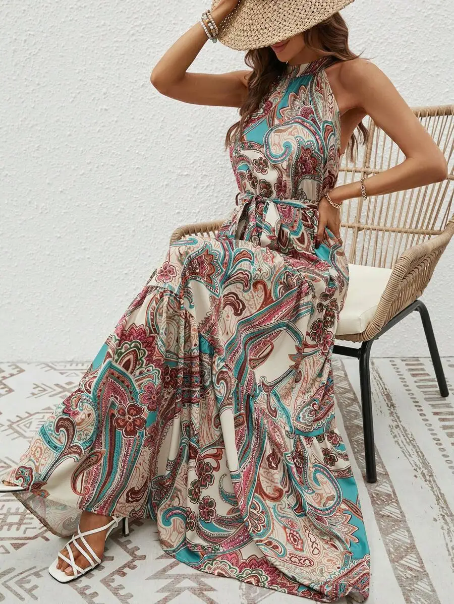 Vestido Largo Bohemio Para Mujer Tallas Grandes Sin Mangas, Estampado  Degradado Ideal Verano Y Playa