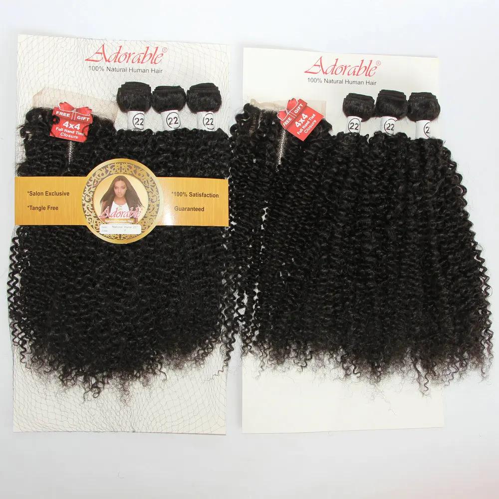 Adorable Natural Hair Blend Kinky Curly 3pcs Full Packet,Animal Mixed Synthetic Hair Weft With T Part Closure Water Wave 3+1