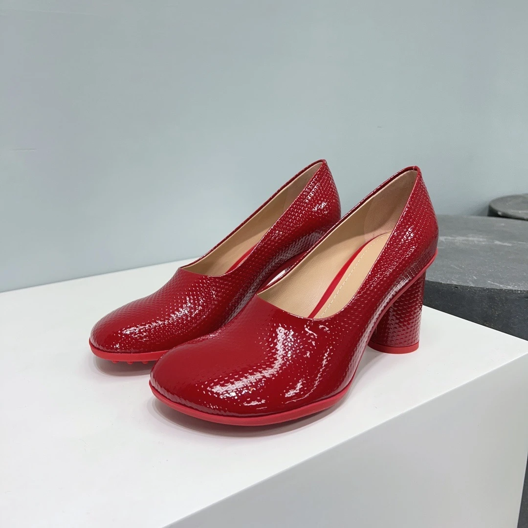

Candy Color Chunky Heel Shoes 2023 Autumn Real Leather Pumps Shallow Mouth Non-Slip High Heels 9cm Classic Brand Women Shoes INS