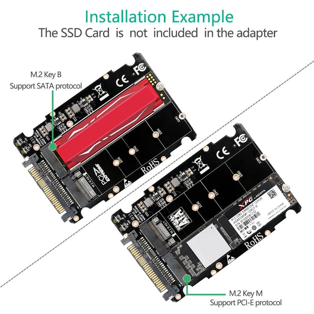 M.2 SSD-U.2 어댑터 2in1 M.2 NVMe 및 SATA 버스 NGFF SSD-PCI-e U.2 SFF-8639 어댑터 데스크탑 컴퓨터용 PCIe M2 변환기