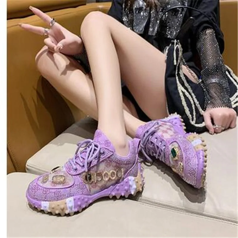 Women Casual Sneakers Luxury Designers Rhinestone Diamond Thick Bottoms Shoes Female Tennis Trainers Jogging Walking Shoe