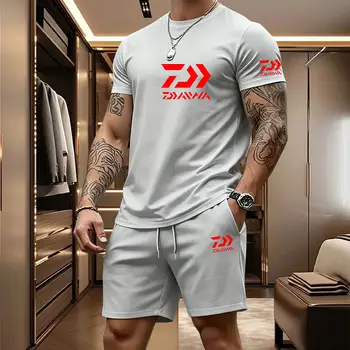 2026 Summer Men's Short Sleeved T-shirt Drawstring Shorts Set Breathable Outdoor Sports Set Men's Daily Fishing Suit