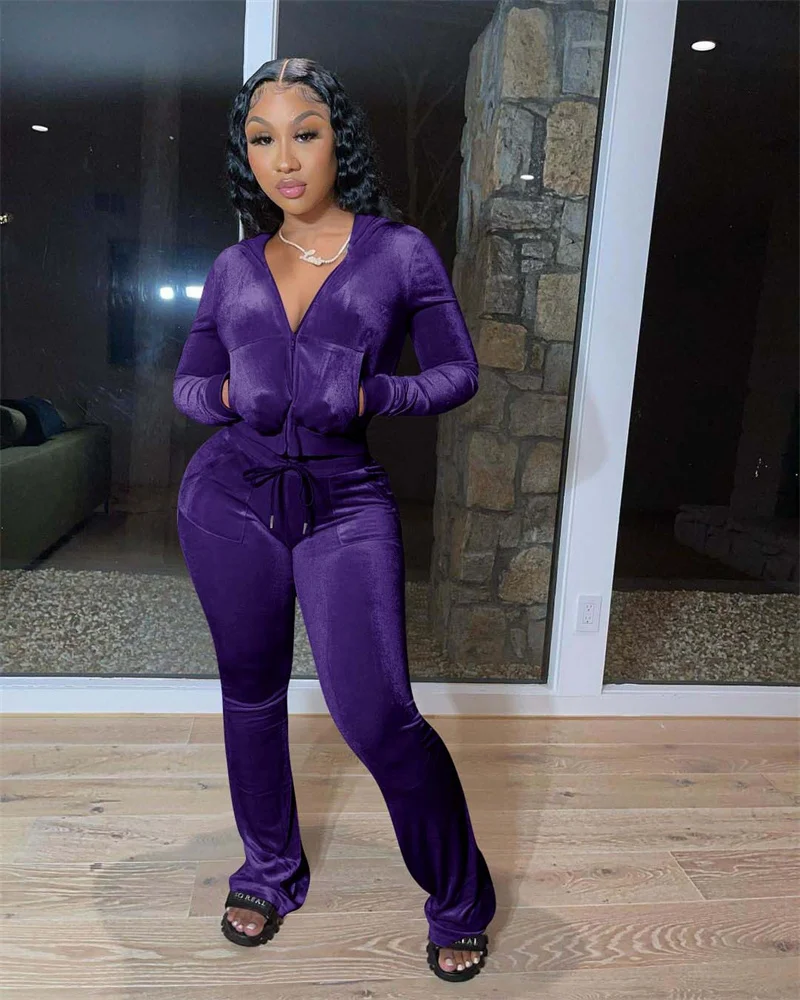 Rhinestone Purple Velvet Sweatsuit Solid Autumn Winter Velvet
