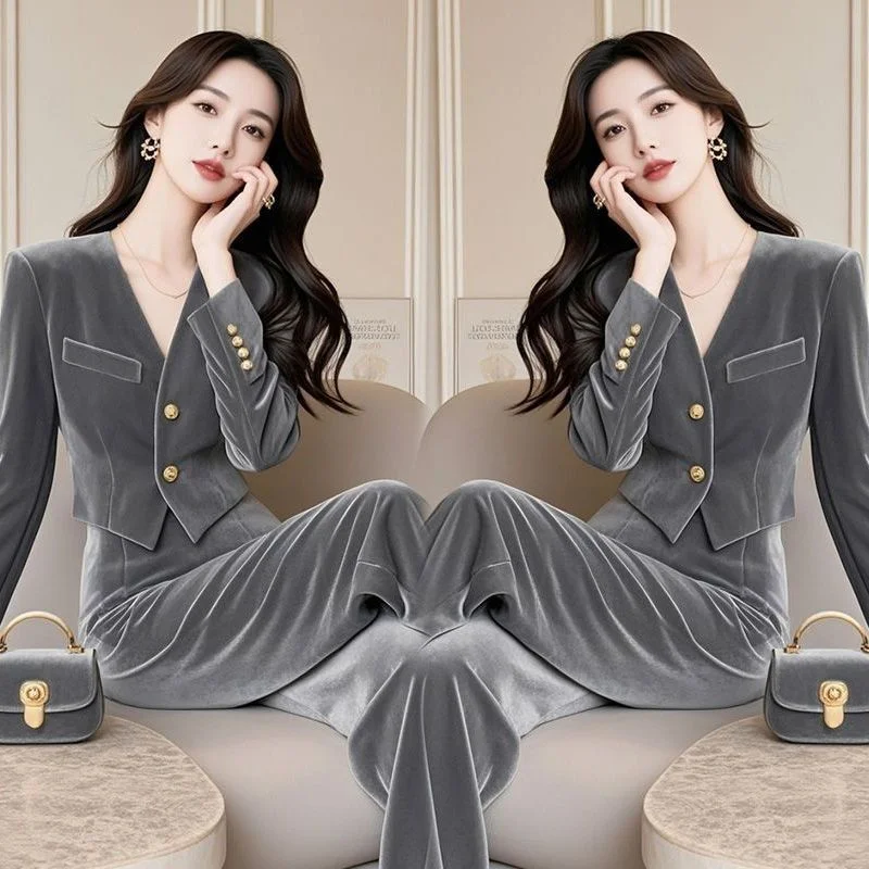 Fashion Autumn New Slim Gold Velvet Top And Pants Two Piece Set Trendy Women Spring Shirt And Pant Suits Plus Size 4XL High End