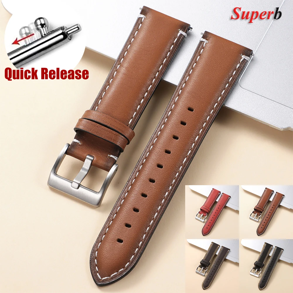 Vintage Brown Oil Wax Leather Watch Strap with Quick Release Pin Buckle