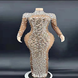 SeCrystals Stage Singer Host Mesh Dress Luxury Wedding Party Costume Birthday Outfit Rhinestones Nude Transparent longth Dress