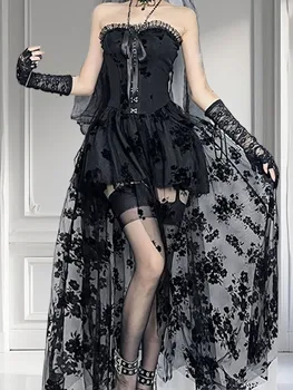 Black Lace Off Shoulder Maxi Dress for Women Vintage Victorian Gothic Embroidered Sleeveless A-Line Gown with Mesh Insets 5