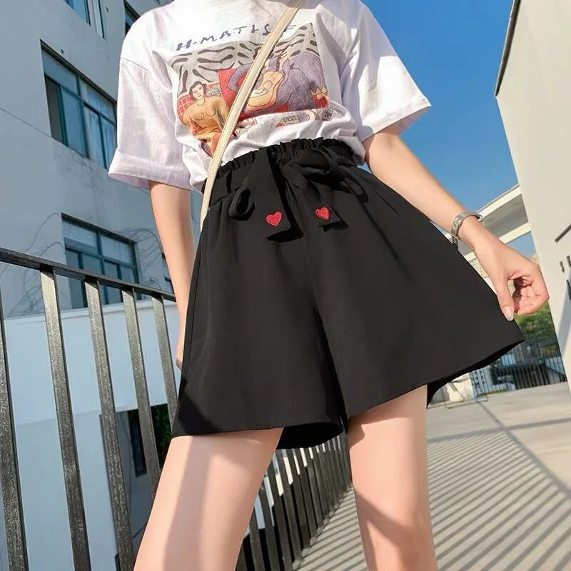 

Shorts Women Sweet Chiffon Wide Leg Trousers Harajuku Kawaii Sashes Heart Embroidery Loose High Waist All-match Chic