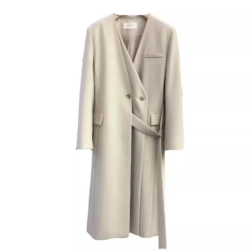 

Autumn Trench Coat For Women Notched Neck Long Sleeve Gray Windbreak 2023 New Female Clothing