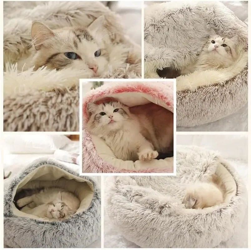 Soft Plush Pet Bed with Cover Round Cat Bed Pet Mattress Warm Cat Dog 2 in 1 Sleeping Nest Cave for Small Dogs 6